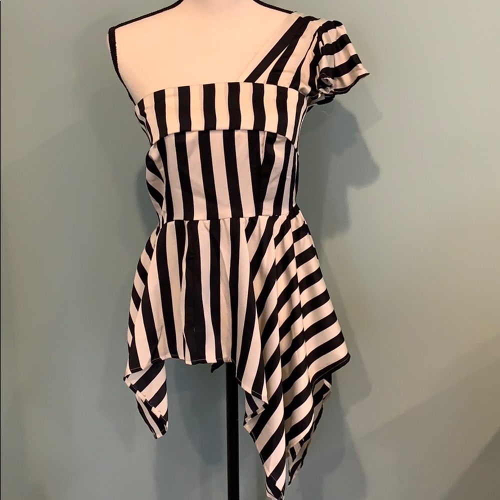 Black and Cream Striped One Shoulder Top
